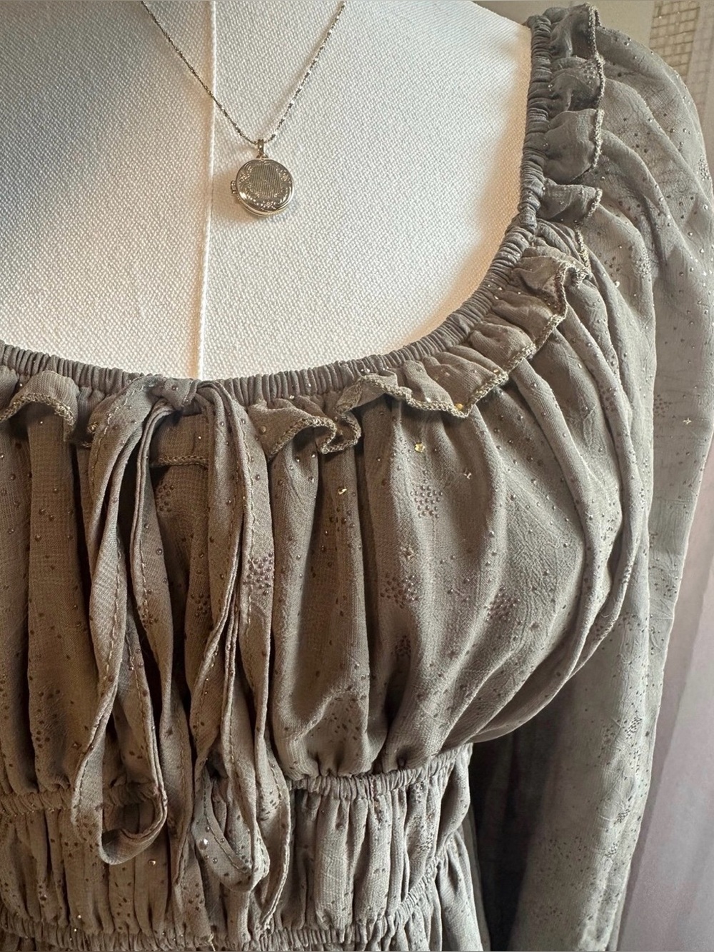 Blu Pepper Olive Taupe Ruffled Peasant Dress